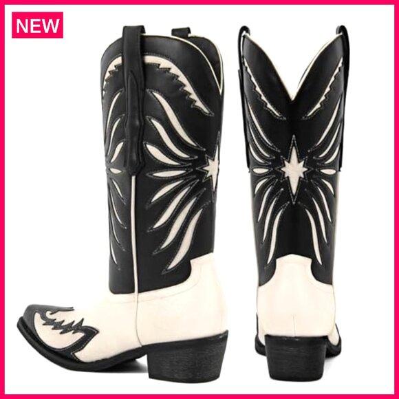 Mid Calf Cowboy Boots Pointed Toe Western Pull-On Faux Leather - Picture 7 of 7